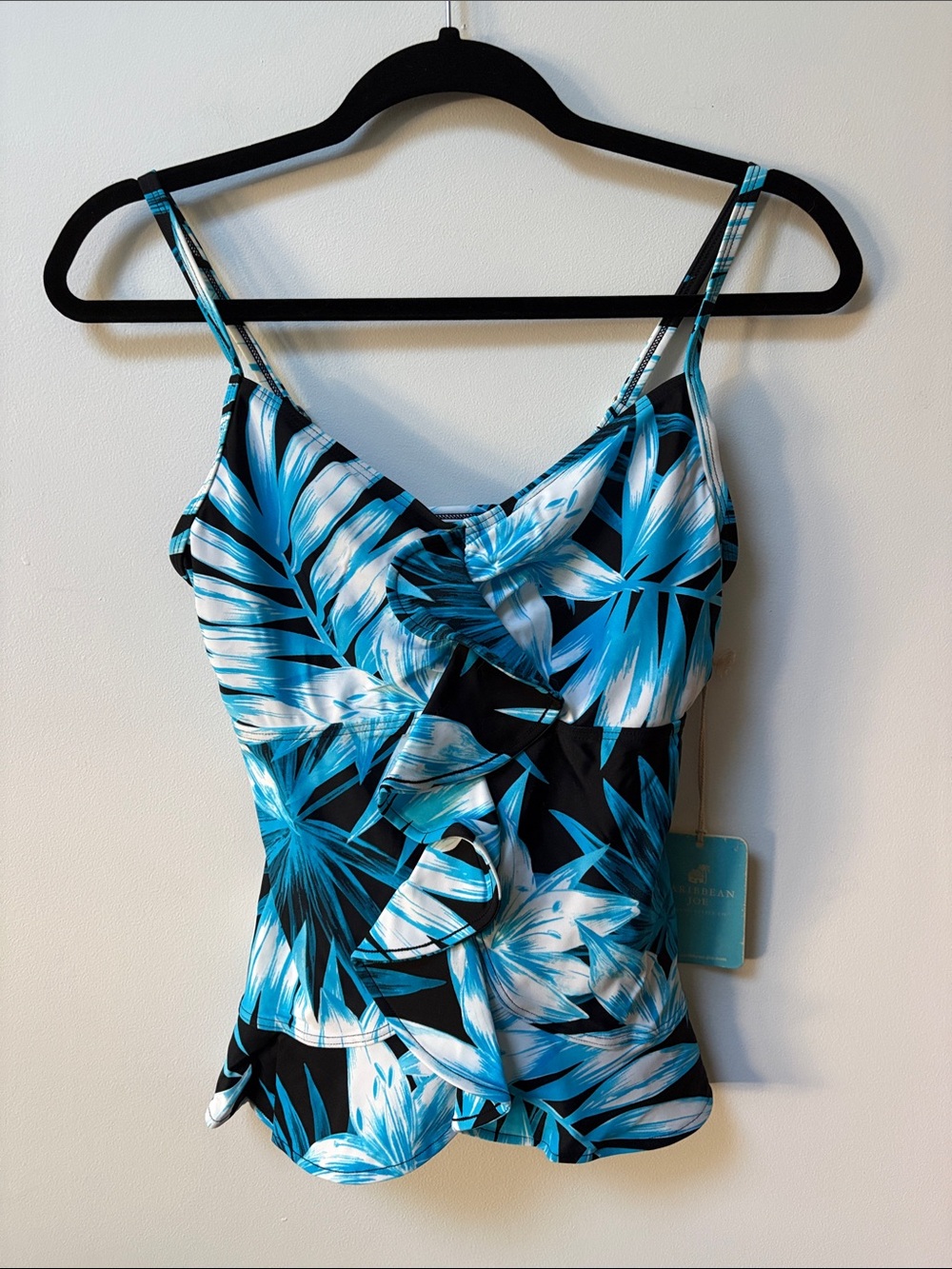 Caribbean Joe BLUFLORIA Center Ruffle Tankini Top,Size 10,NWT
